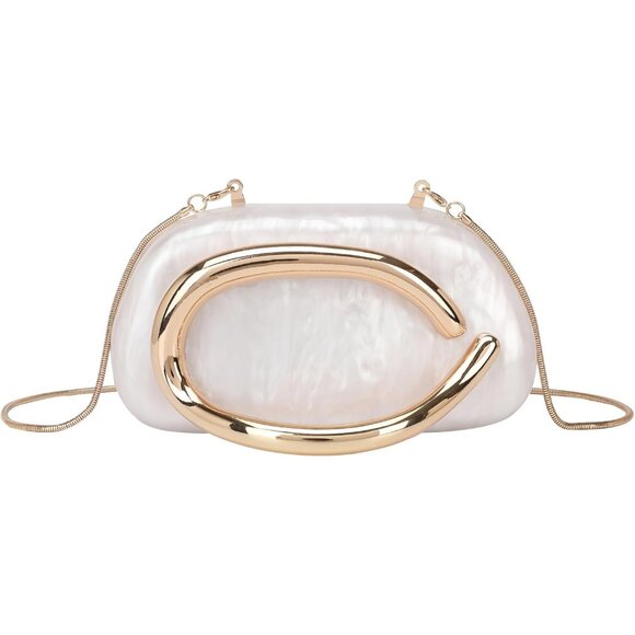 Women’s Acrylic Vegan Leather Evening Clutch Bag with Detachable Chain, White